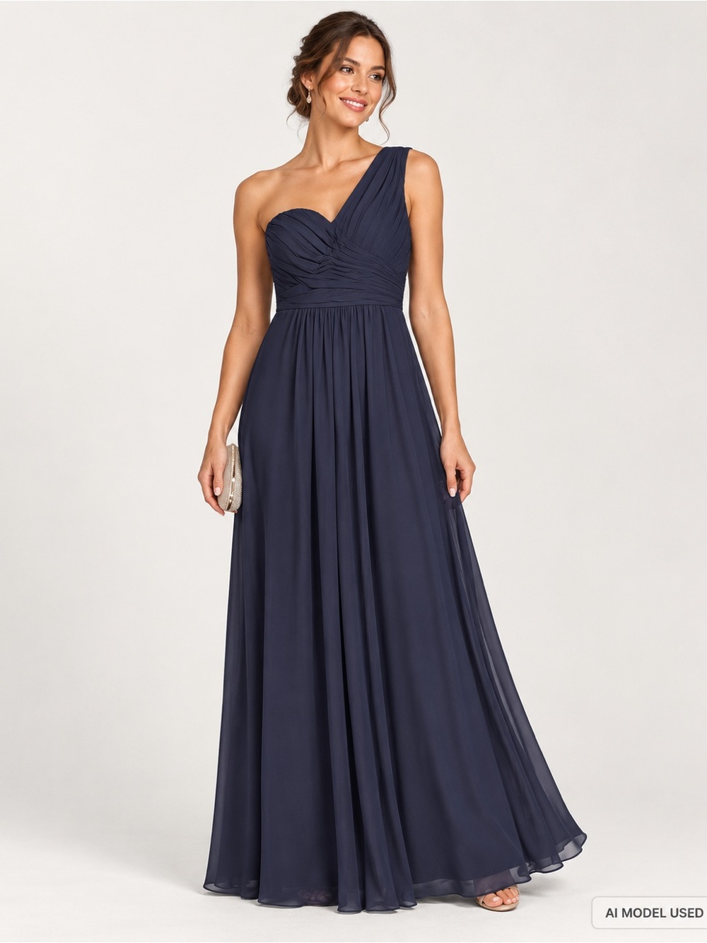 Bill Levkoff One-Shoulder Pleated Draped Maxi Bridesmaid Formal Dress, Gray M